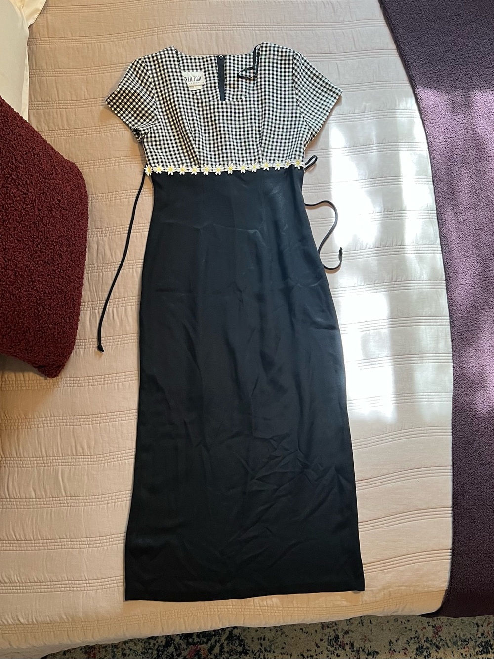 Byer Too! Black Maxi Dress with Gingham Bodice Daisy Trim Jrs 5 Y2K Picnic
